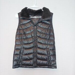 Calvin Klein Women Performance Down Puffer Vest Sweater Back Faux Fur Collar Med